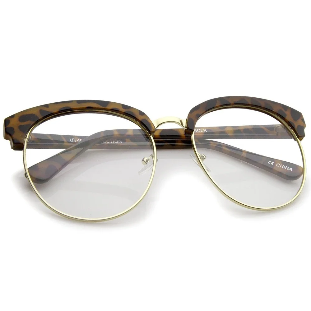 Leopard Print Half Frame Glasses Clear Lens UV400 Protection Classic Retro Gafas